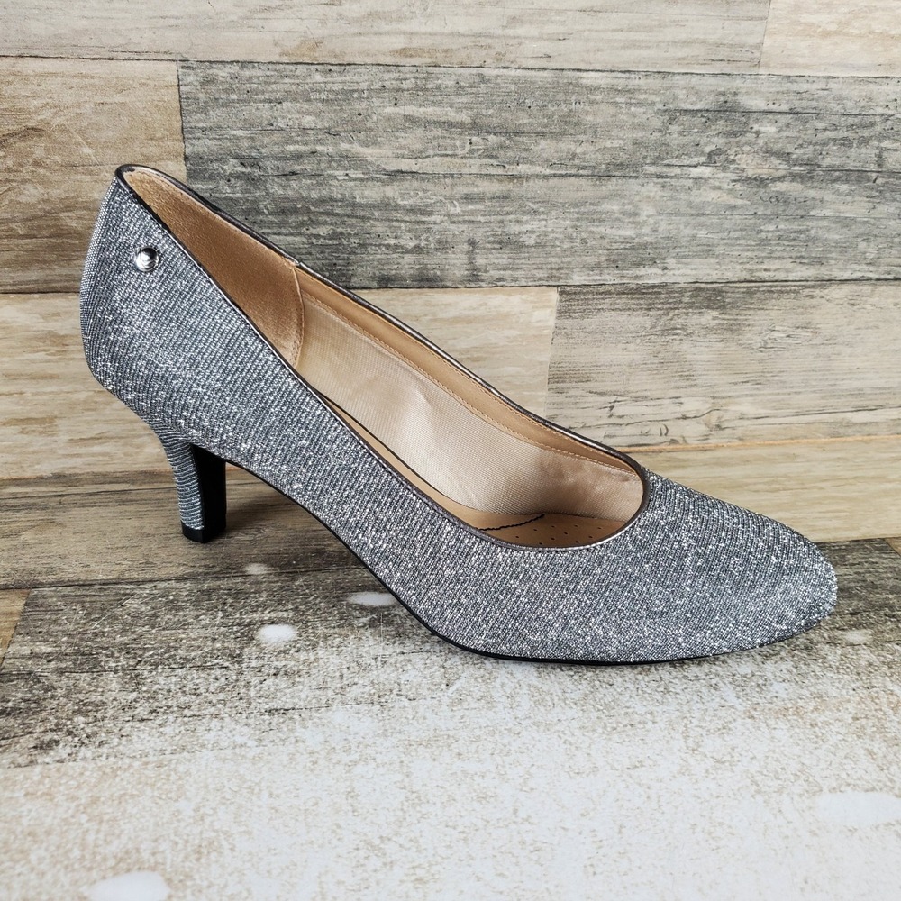 LifeStride Parigi Womens Pumps Sz 11 Silver Pewter Slip On Round Toe Kitten Heel
